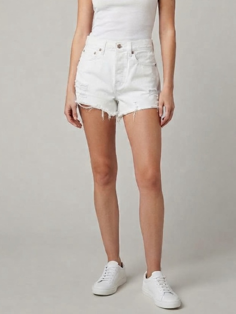 Free People White High-Rise Distressed Denim Shorts